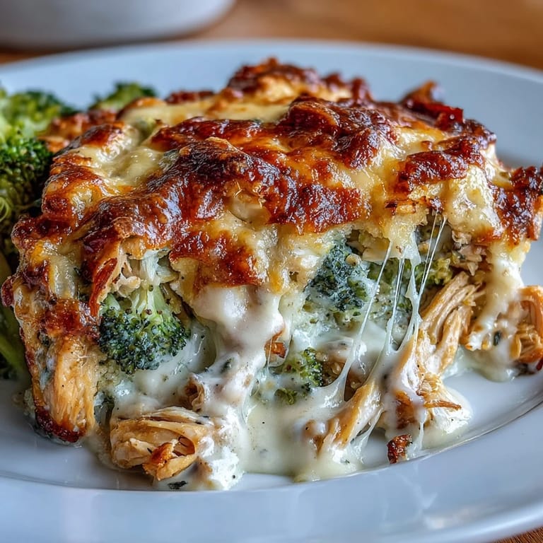 Low-carb baked dish with shredded chicken, steamed broccoli, and bubbling cheddar cheese for a cheesy, satisfying meal.