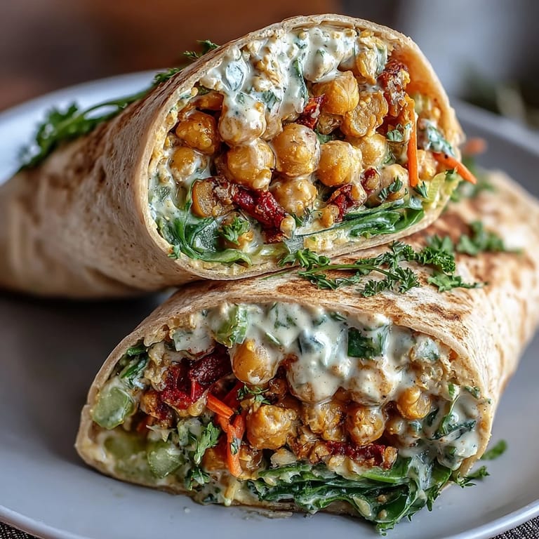 Colorful wraps filled with curry-spiced chickpea salad, crunchy veggies, and soft tortillas for a quick vegan meal.  