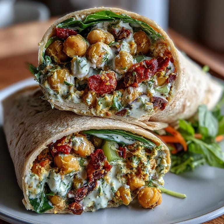 Healthy vegan wraps packed with coconut curry chickpea salad, crisp cucumber, and vibrant greens in a soft tortilla.