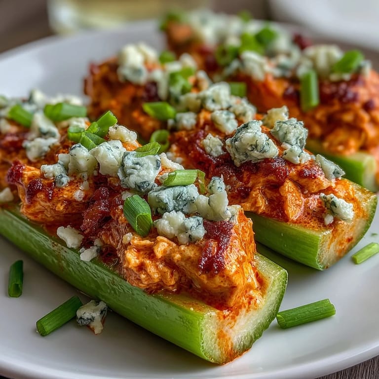 Spicy buffalo chicken mixture piped into crisp celery stalks and finished with creamy blue cheese crumbles.
