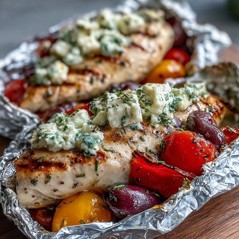 Oven-baked or grilled chicken with zucchini, peppers, and olives, finished with feta and parsley for a fresh Greek dinner.