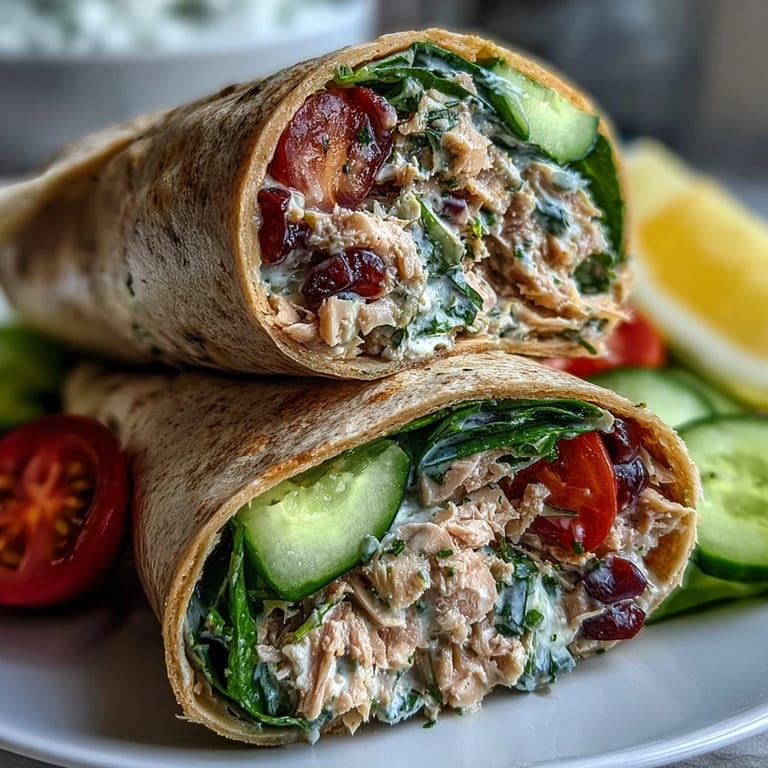 Protein-packed tuna and white bean salad wrap with cucumber, tomatoes, and spinach for a healthy lunch.  