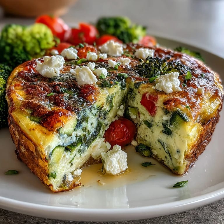 Fluffy high-volume egg white frittata filled with broccoli, tomatoes, and feta, ideal for a nutritious and filling breakfast.