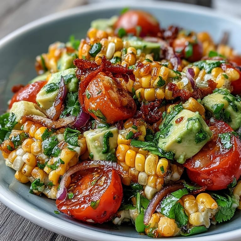 Fresh and vibrant Summer Corn, Tomato, and Avocado Salad with Lime Vinaigrette, featuring crisp vegetables and a tangy citrus vinaigrette for a refreshing summer side.  