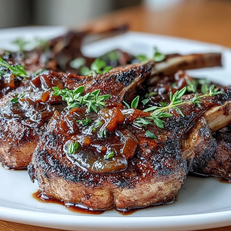 Tender lamb chops topped with caramelized onion jam, balsamic, and fresh thyme.  