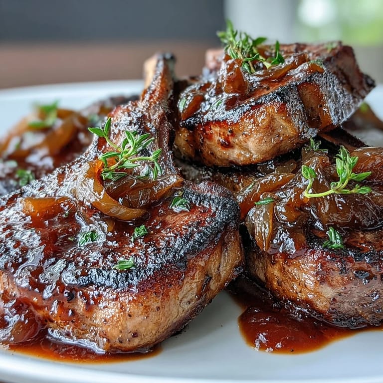 Succulent lamb chops with glossy onion jam glaze, perfect for a gourmet dinner.