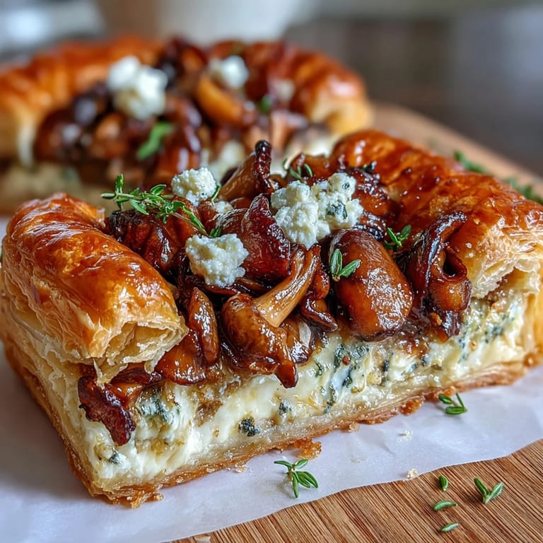 Savory wild mushroom tart with flaky crust, aromatic thyme, and creamy goat cheese, served warm and garnished with fresh parsley.