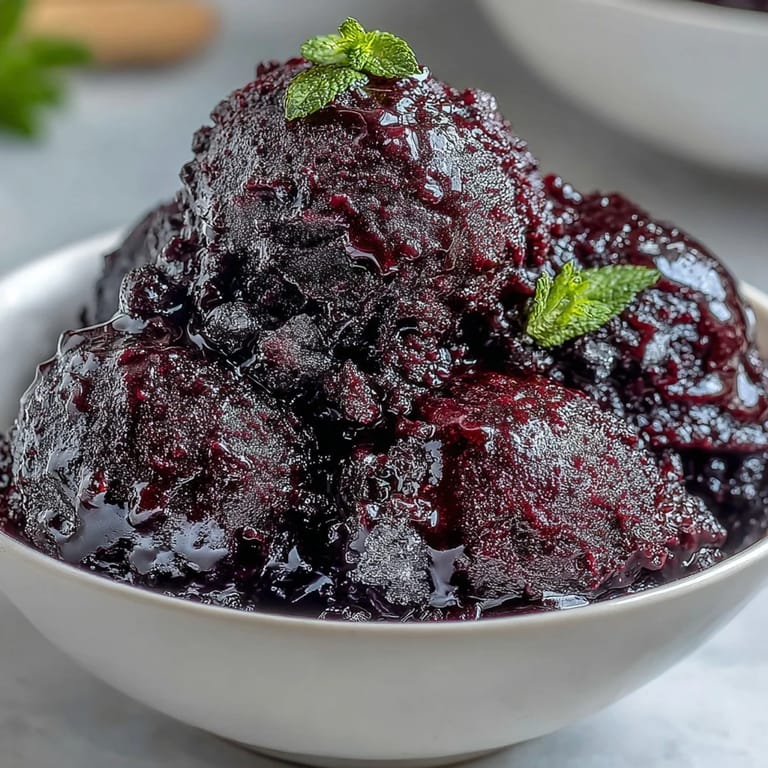 Creamy black currant sorbet served in elegant scoops, perfect for a vegan summer dessert.  