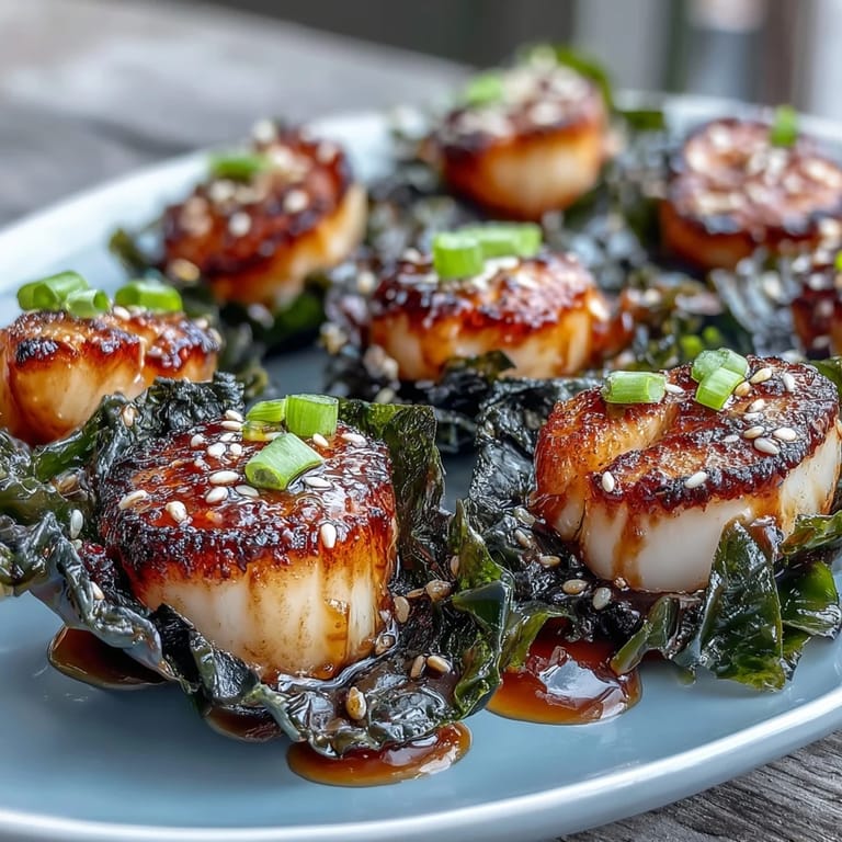 Pan-seared nori-wrapped scallops served with ponzu dipping sauce, showcasing golden crust and fresh green onion topping.