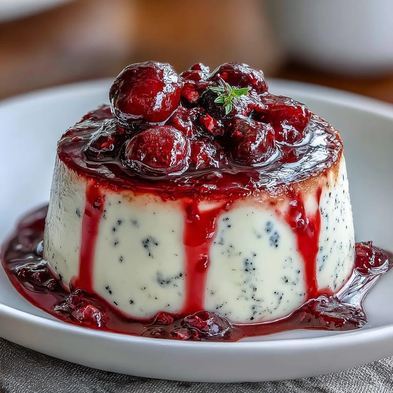 Delicate cardamom panna cotta, smooth and aromatic, garnished with sweet-tart berry compote for a perfect dessert finish.