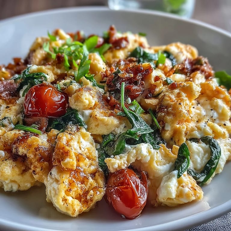 Vibrant egg scramble featuring cottage cheese, spinach, and cherry tomatoes, perfect for a healthy morning meal.