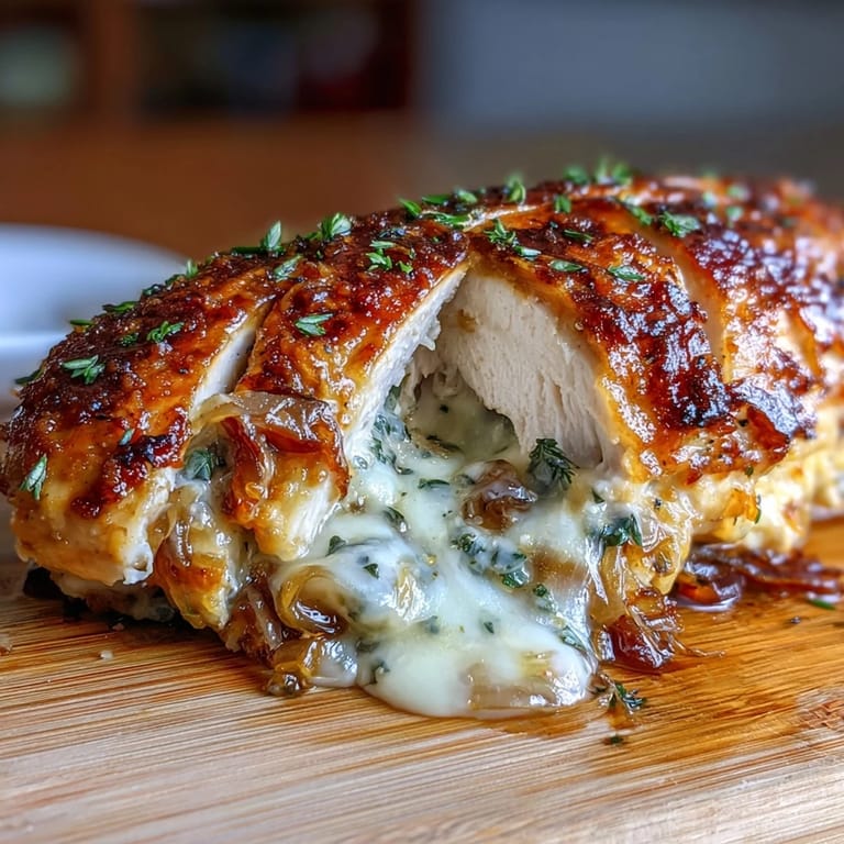 Savory stuffed chicken breasts filled with sweet caramelized onions, thyme, and melted Swiss cheese, served hot from the oven.  