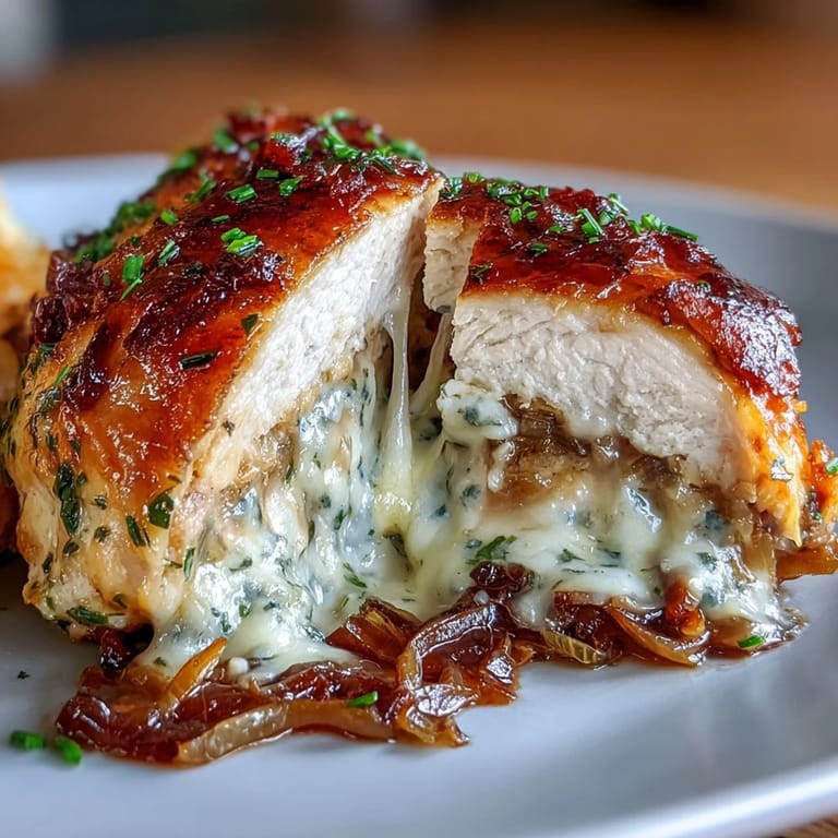 Oven-baked chicken breasts stuffed with rich French onion filling and topped with Parmesan, perfect for a hearty dinner.