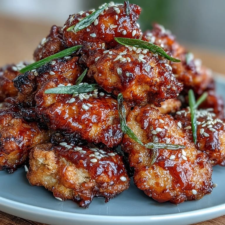 Golden-brown air-fried chicken pieces coated in a sticky gochujang glaze, garnished with toasted sesame seeds.  