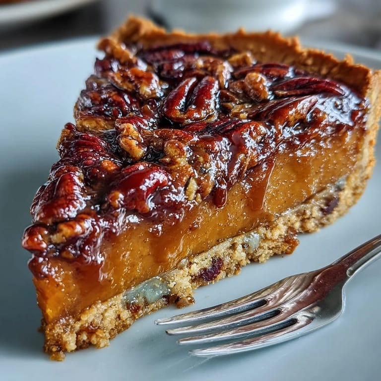 Silky smooth candied yams filling baked in a crunchy pecan crust, garnished with sweet glazed pecan halves for extra texture.  