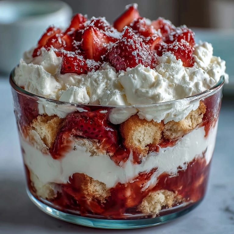 A stunning Galentines dessert featuring vibrant strawberries, tender shortcake bites, and airy whipped cream in elegant individual servings.