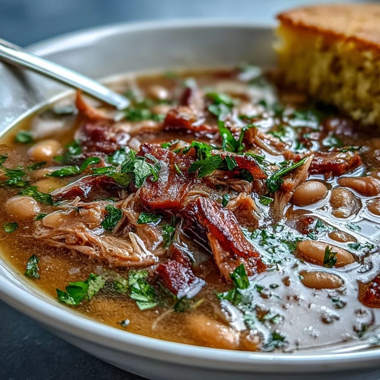 Comforting ham hock and bean soup in a bowl, garnished with parsley and accompanied by freshly baked cornbread.