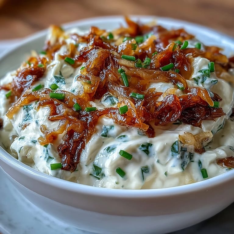 A bowl of Creamy Caramelized Onion Dip with Greek Yogurt Base, garnished with fresh chives and served with crispy potato chips.