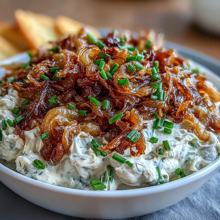 Velvety Creamy Caramelized Onion Dip with Greek Yogurt Base, perfect for dipping crunchy vegetables or spreading on sandwiches.