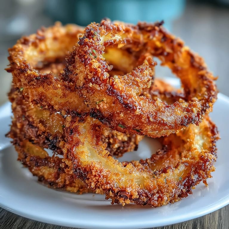 Baked onion rings with crunchy coating and a rich, smoky paprika dip for dipping.