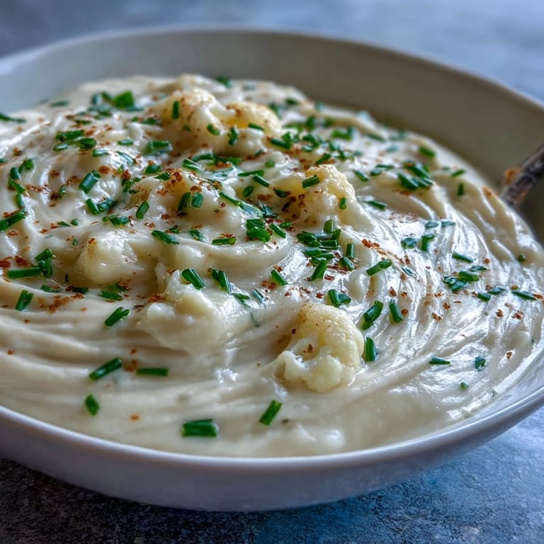 Rich and comforting Creamy Onion and Cauliflower Soup, blended smooth and served with a sprinkle of nutmeg and parsley.