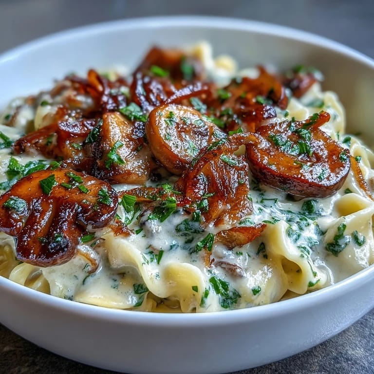 Vegetarian stroganoff with sautéed onions, mushrooms, and sour cream sauce spooned over wide egg noodles.  