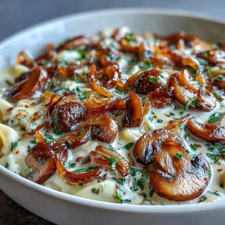 Rich vegetarian mushroom stroganoff with caramelized onions, paprika, and sour cream served atop egg noodles.