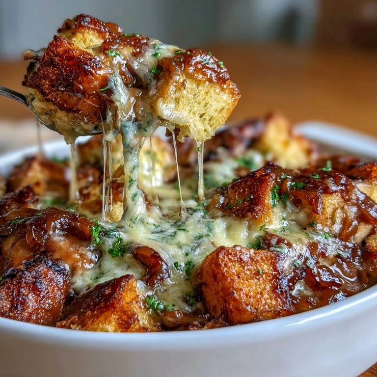 Baked French Onion Chicken Thigh Bake with Sourdough Topping: tender chicken in rich onion sauce, finished with crunchy sourdough cubes and bubbly cheese.
