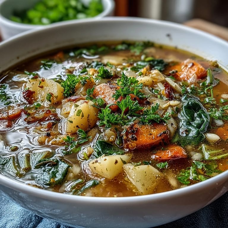 A comforting bowl of Warm Winter-to-Spring Vegetable Soup with Barley, featuring tender root vegetables, leafy greens, and chewy grains in a rich, savory broth.