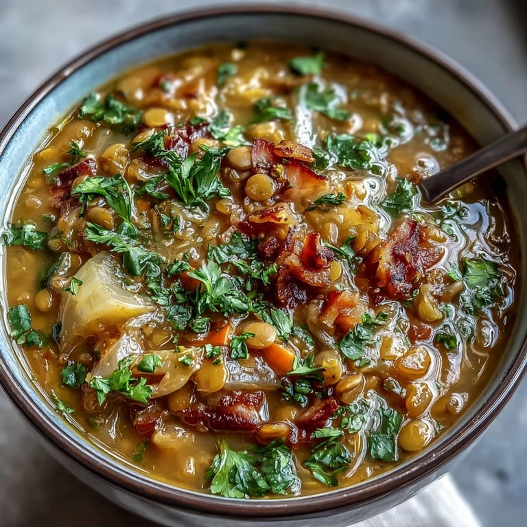 Comforting ham, onion, and lentil stew featuring sweet caramelized onions, savory ham, and protein-packed lentils in one pot.