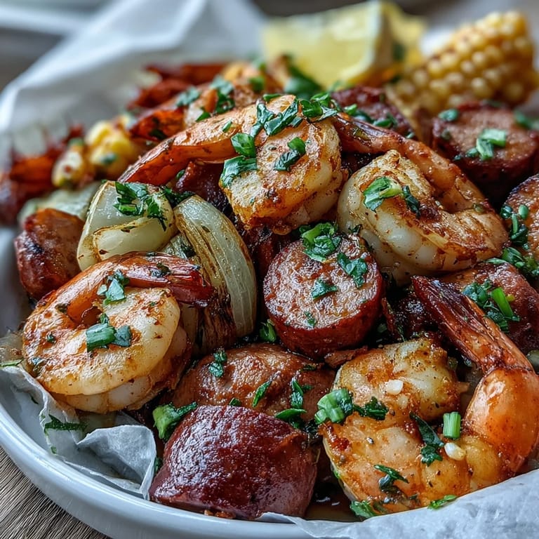 Colorful foil packet dinner featuring shrimp, sausage, corn, and potatoes, all roasted with Old Bay seasoning and fresh lemon slices.