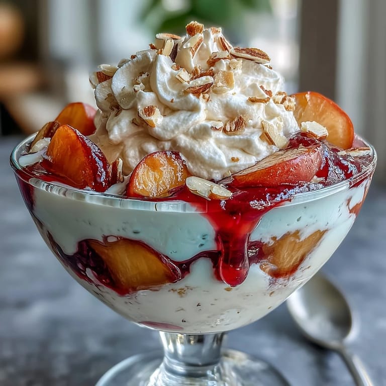 A close-up of Fluffy Yogurt Peach Melba Cups with Toasted Almonds, showcasing the smooth yogurt mixture, juicy peach segments, and glossy raspberry drizzle, garnished with crunchy almonds.