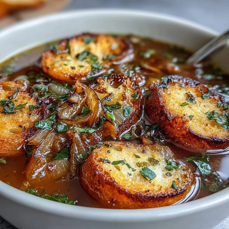 Silky roasted garlic and onion soup topped with crispy herb croutons, offering deep savory flavors.  