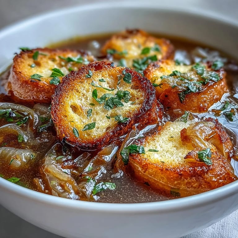Comforting roasted garlic and caramelized onion soup garnished with crunchy herb croutons for texture.