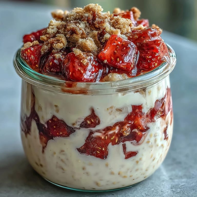 Indulgent strawberry cheesecake overnight oats layered with juicy strawberries and a crunchy graham cracker crumble, perfect for a no-bake morning meal.