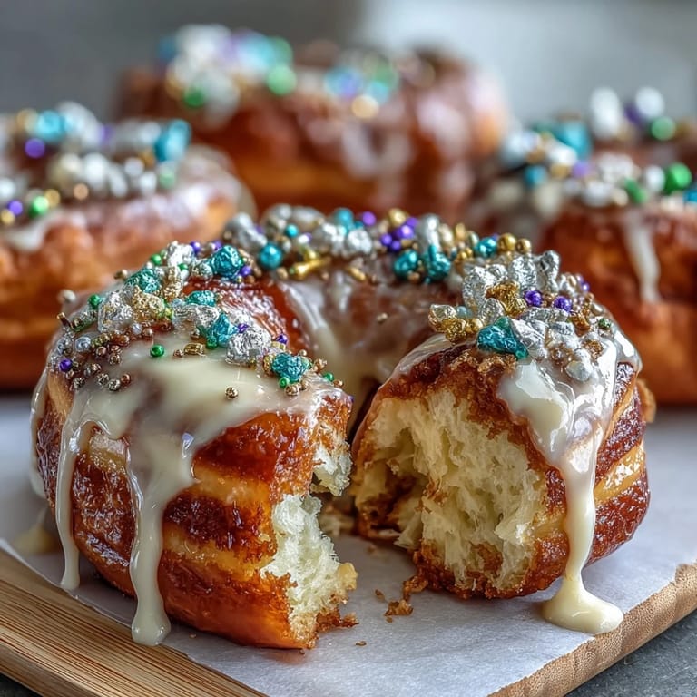 Baked King Cake Donuts topped with colorful green, purple, and gold sprinkles, inspired by classic New Orleans flavors.  