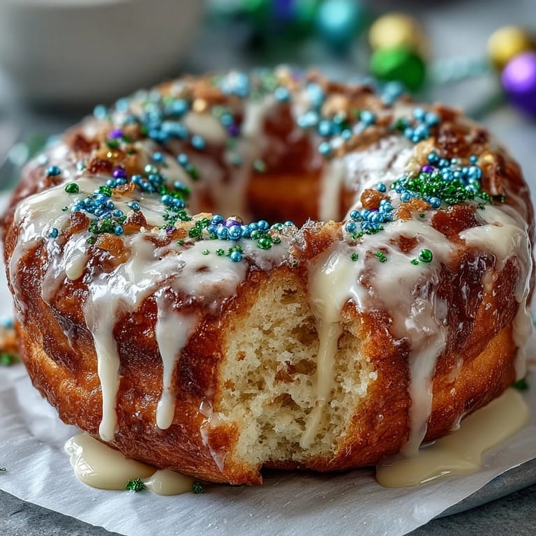 Bright King Cake Donuts with creamy vanilla glaze and Mardi Gras sprinkles, perfect for celebrating Carnival season.