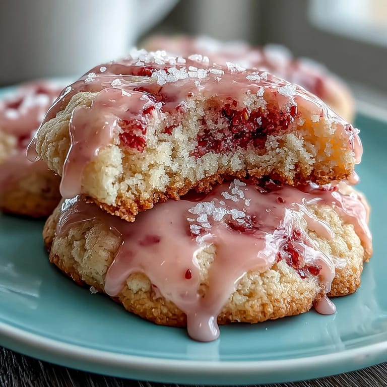 Fluffy strawberry sugar cookies with a tender crumb, drizzled with vibrant pink icing and dotted with crushed freeze-dried berries.