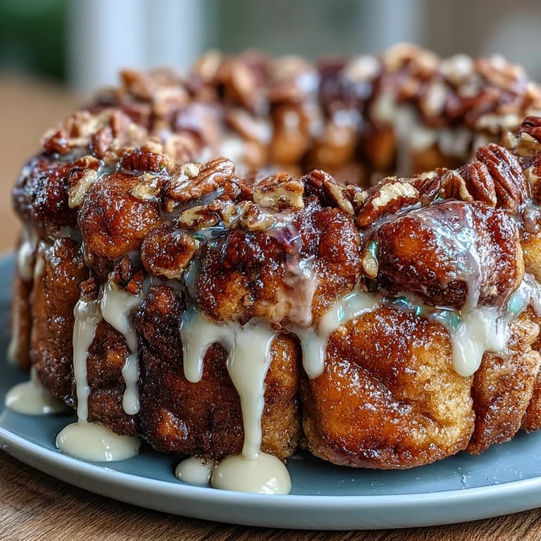 Golden biscuit dough balls layered with cinnamon sugar and pecans, baked in a Bundt pan and topped with rich cream cheese icing and vibrant sugars.
