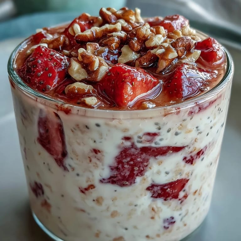 Overnight oats featuring strawberry banana bread flavors, topped with juicy strawberries and toasted walnuts for a nutritious, no-cook morning meal.  
