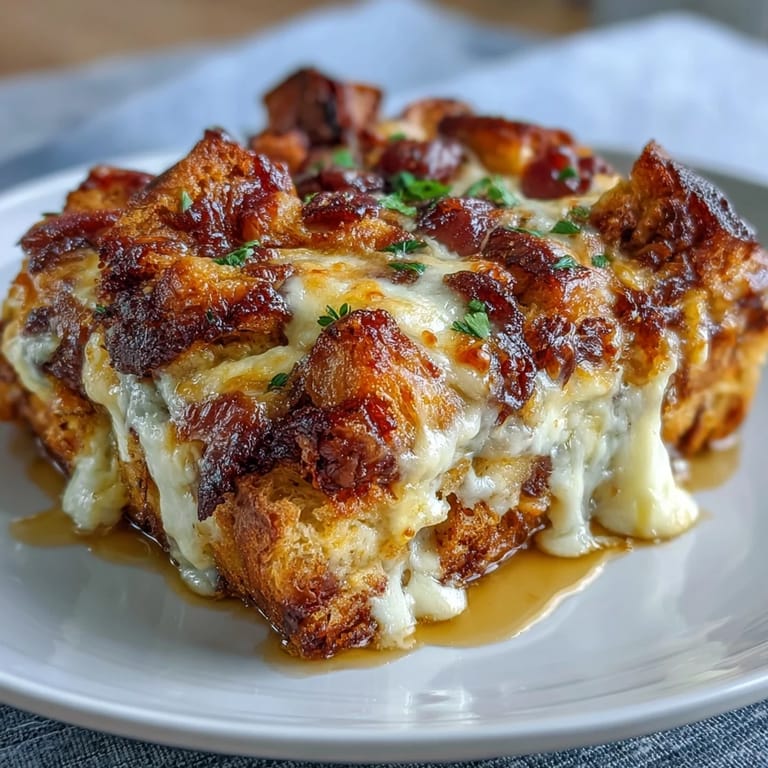 Golden croissant breakfast casserole layered with diced ham, Swiss cheese, and creamy custard—perfect for a comforting brunch.