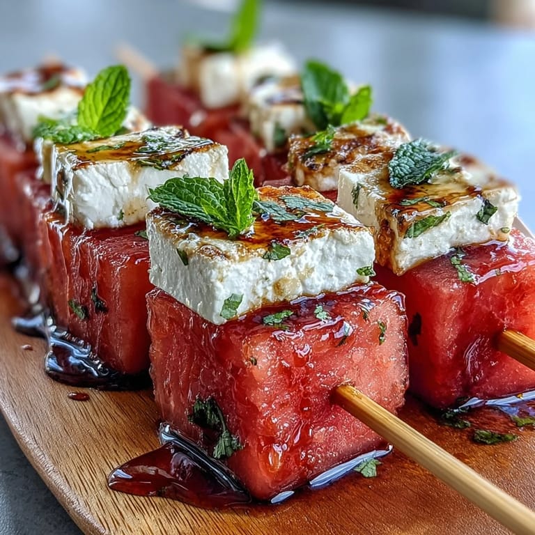 Refreshing watermelon feta skewers with fresh mint and creamy cheese, served chilled as a light Mediterranean-inspired appetizer.