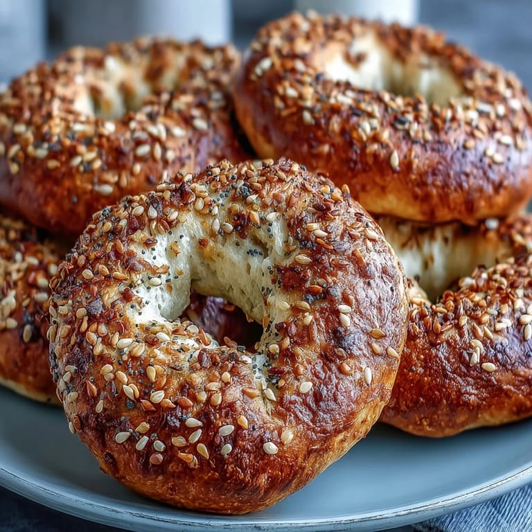 Baked protein bagels with a glossy egg wash and crunchy everything seasoning, perfect for a healthy, satisfying morning treat.
