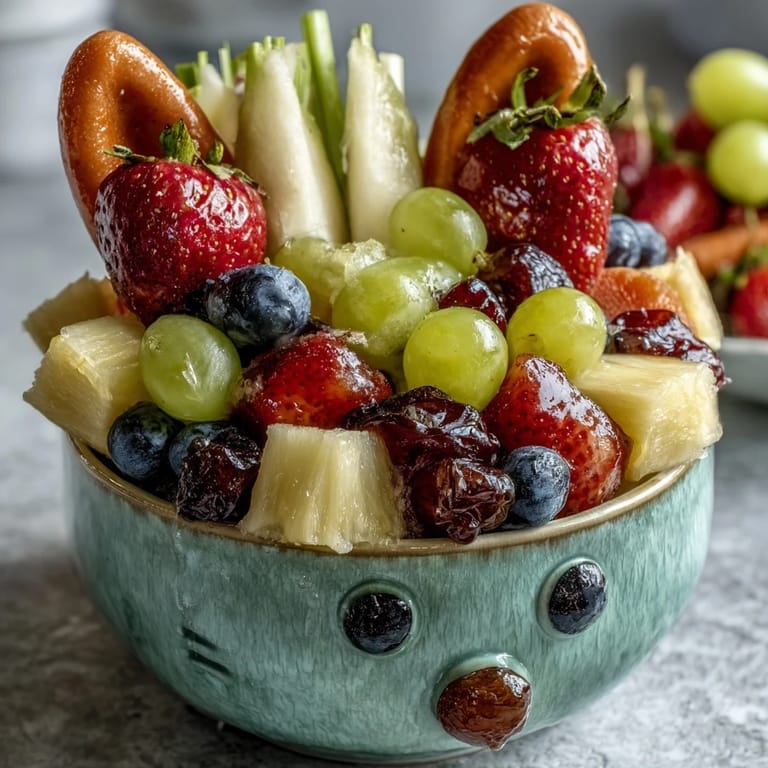 Adorable bunny-shaped fruit cups featuring strawberries, pineapple, and marshmallows for a fun and festive holiday treat.