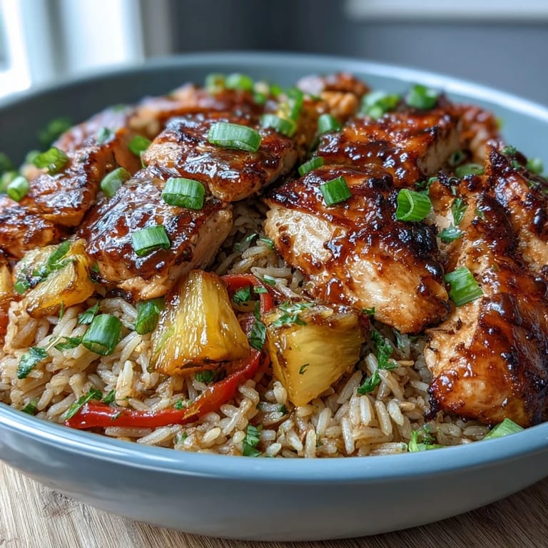 3. One-pan Pineapple Chicken and Rice Skillet with bell peppers, golden chicken, and tropical pineapple chunks for a flavorful dinner.