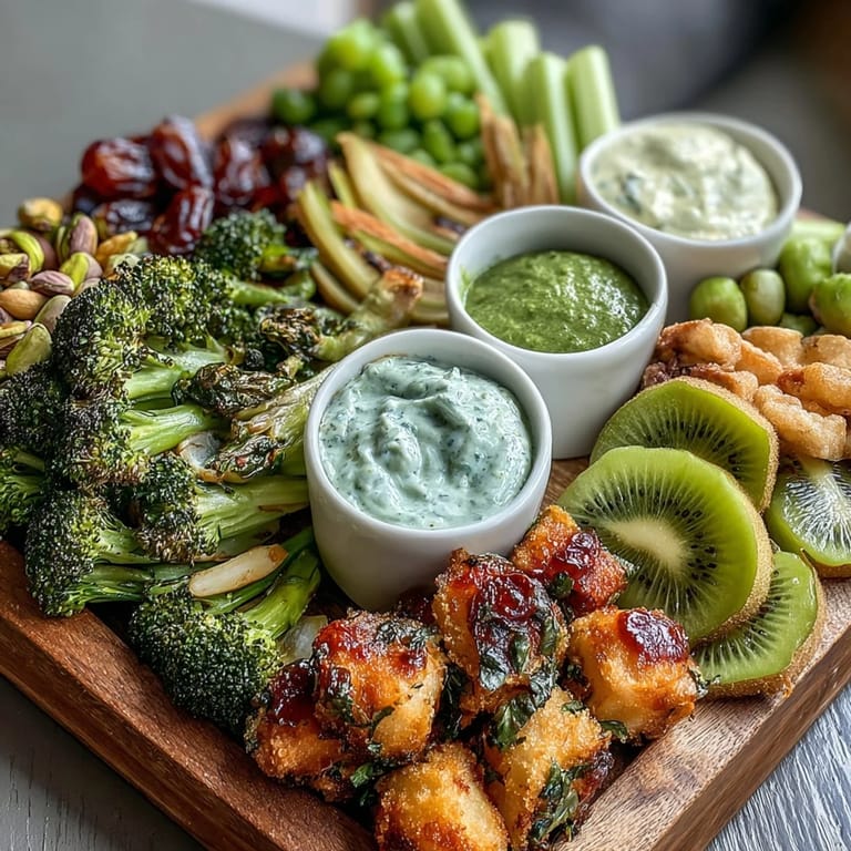Celebrate St. Patricks Day with this colorful board featuring green vegetables, fruits, and savory dips arranged for easy sharing.