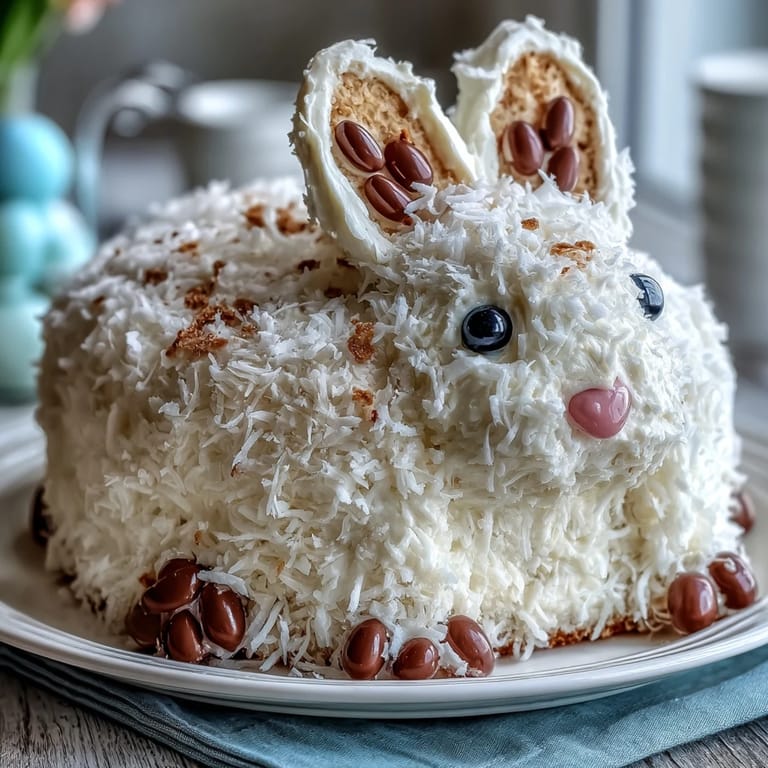Whimsical Easter bunny cake decorated with fluffy coconut fur and colorful jelly bean tail, a festive dessert centerpiece.