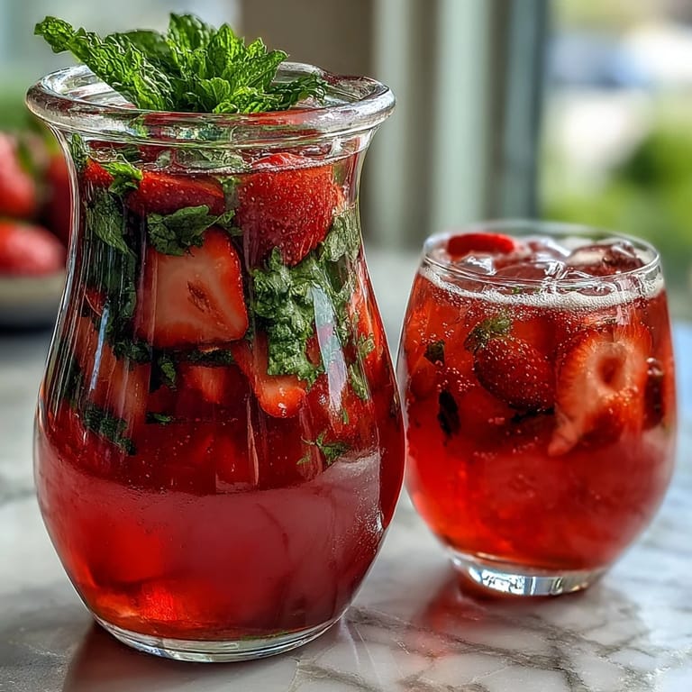 Vibrant spring pitcher drink featuring strawberries, mint, and lemon-lime slices, perfect for outdoor gatherings and brunches.