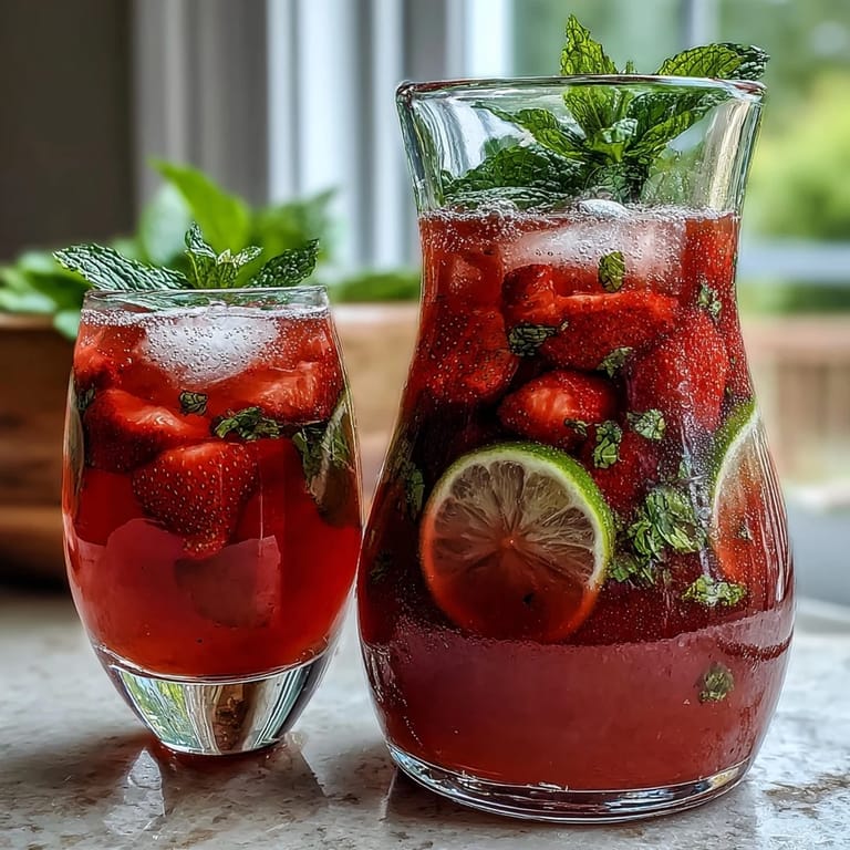 Colorful non-alcoholic strawberry mint beverage with muddled fruit, sparkling water, and fresh herb garnish in a glass pitcher.