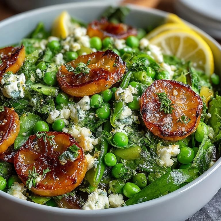 Lemon vinaigrette spring salad with radishes and peas, showcasing bright flavors and colorful vegetables in a light, healthy bowl.